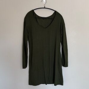 Olive Green V-Neck Long Sleeve light knit sweater dress - XS